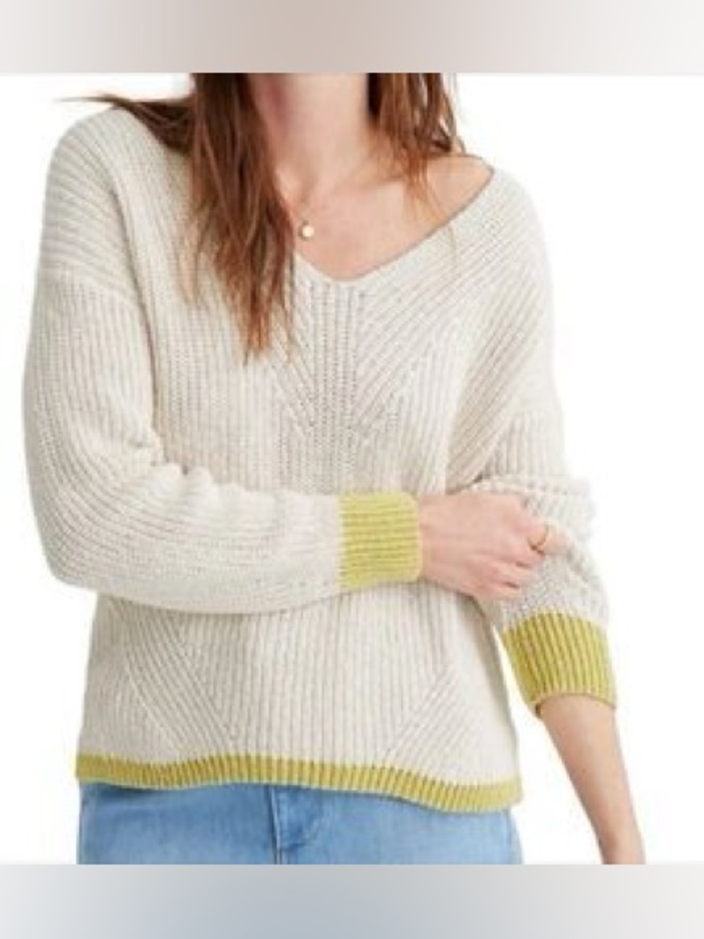 Madewell V-Neck Chunky Knit Sweater Cream Green Trim 100% Cotton Size M